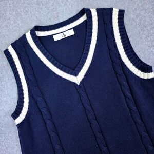 JK Men's Small Blue Cable Knit Cotton V Neck Sweater Vest Preppy Striped Trim
